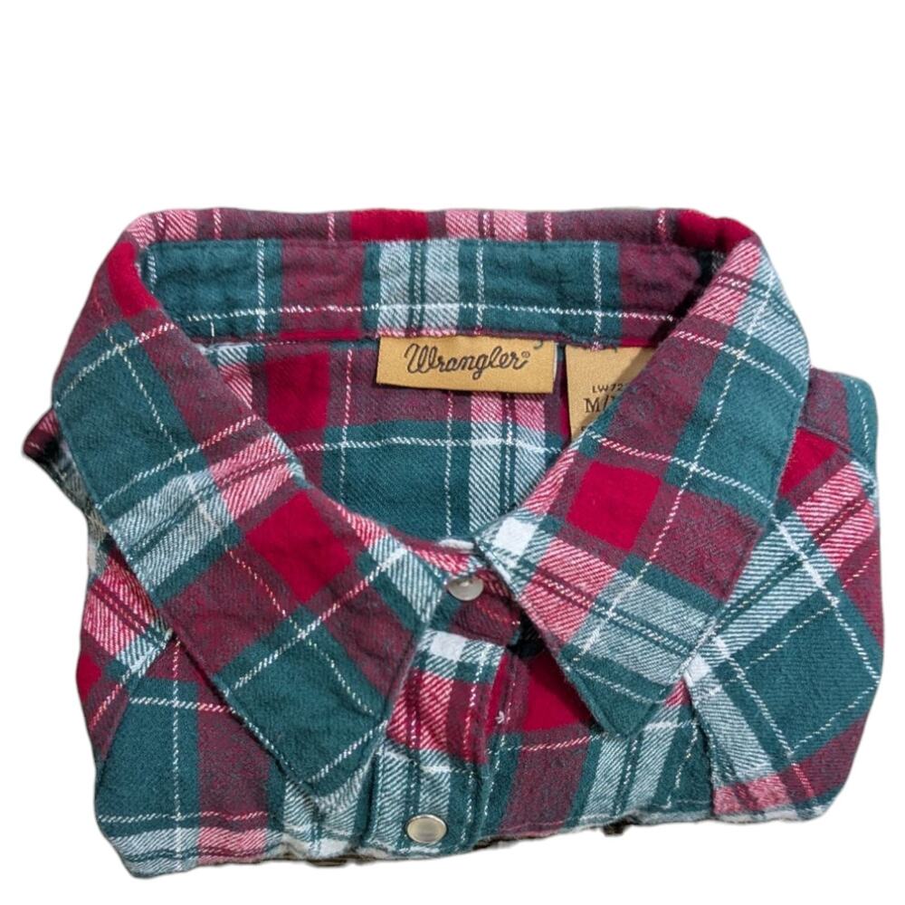 Wrangler Pearl Snap Long Sleeve Shirt Women Medium Red Green Plaid Silver Stripe